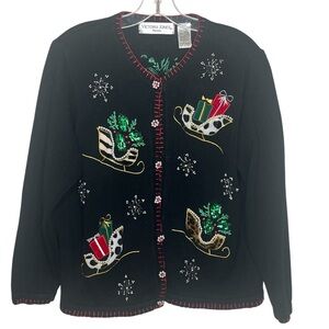 Victoria Jones Sz P L Christmas Holiday Sweater Cardigan Beaded Sequins